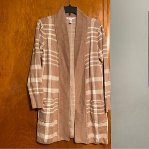 Isaac Mizrahi Live Shawl Collar Plaid Jacquard Cardigan Sweater Tan Plaid